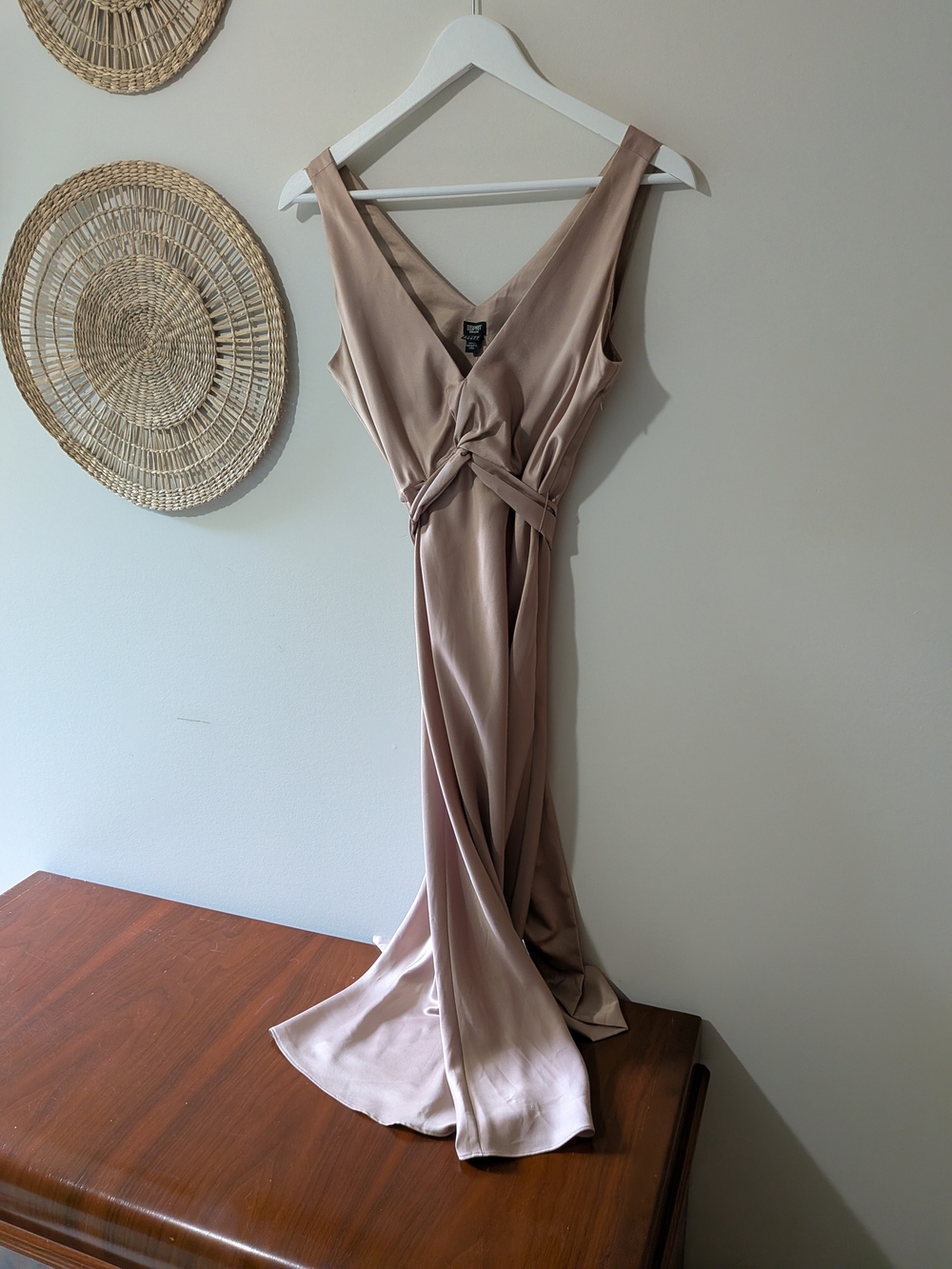 Esprit Twisted-Waist Satin Midi Dress in Taupe